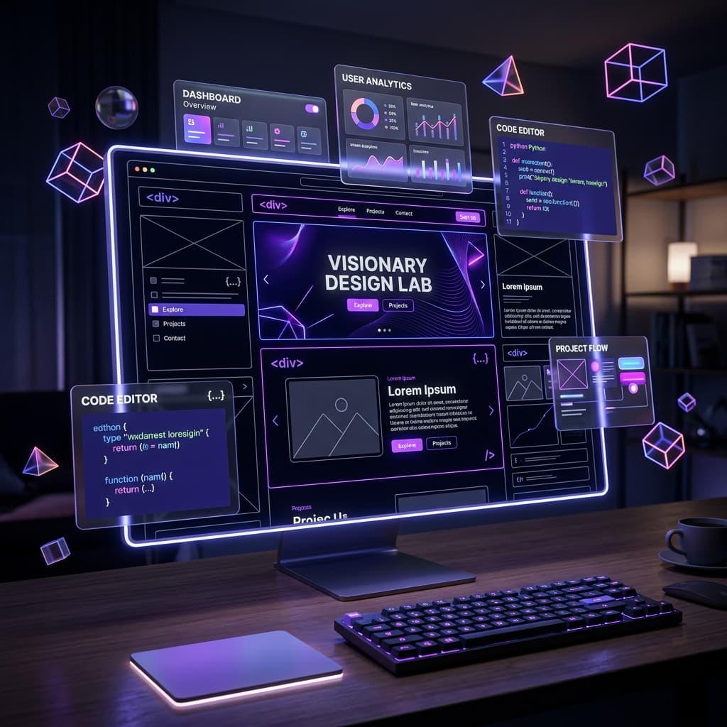 A developer workstation screen showing responsive web components, code editing and UI mockup panels