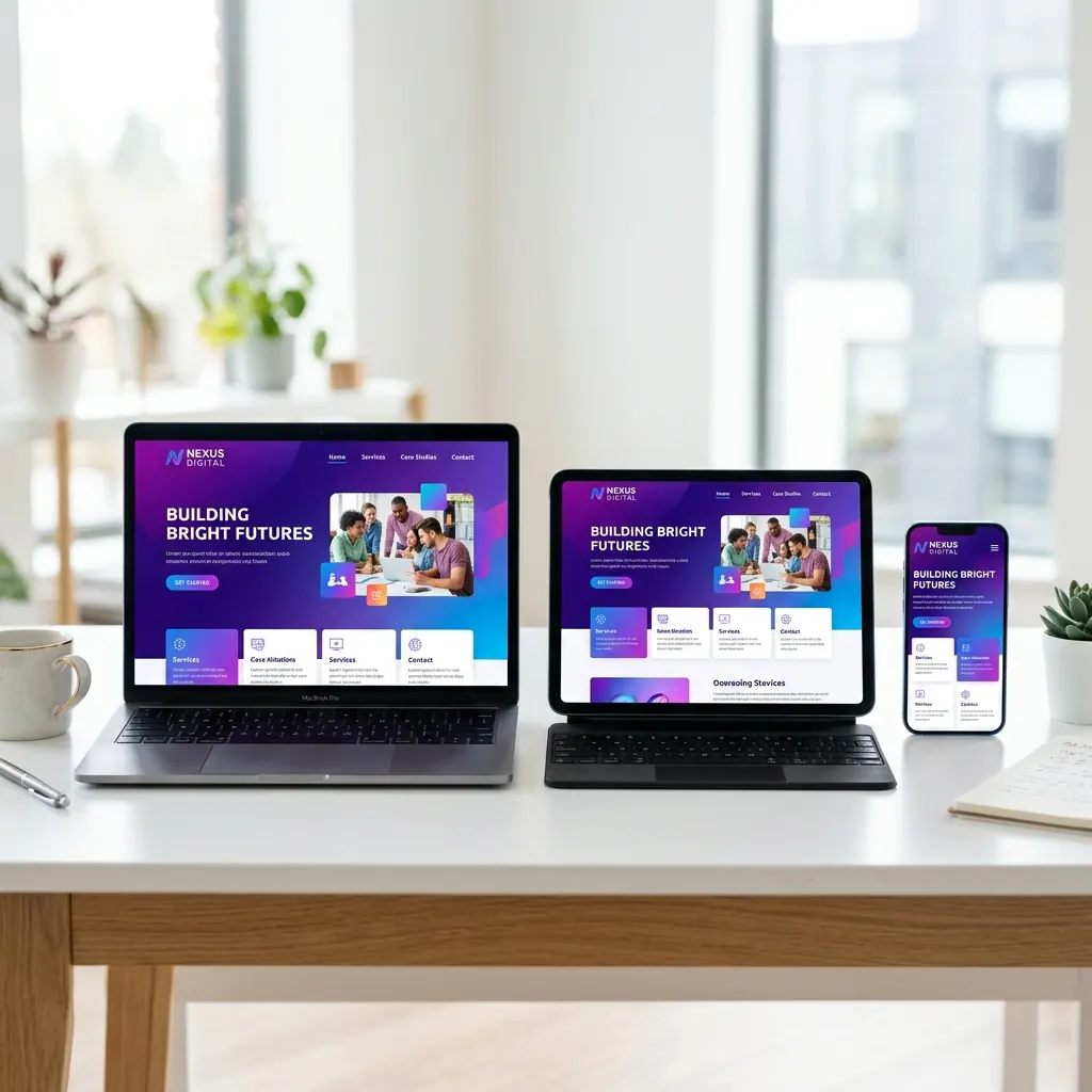 Laptop, tablet, and phone on a desk — responsive design across every device