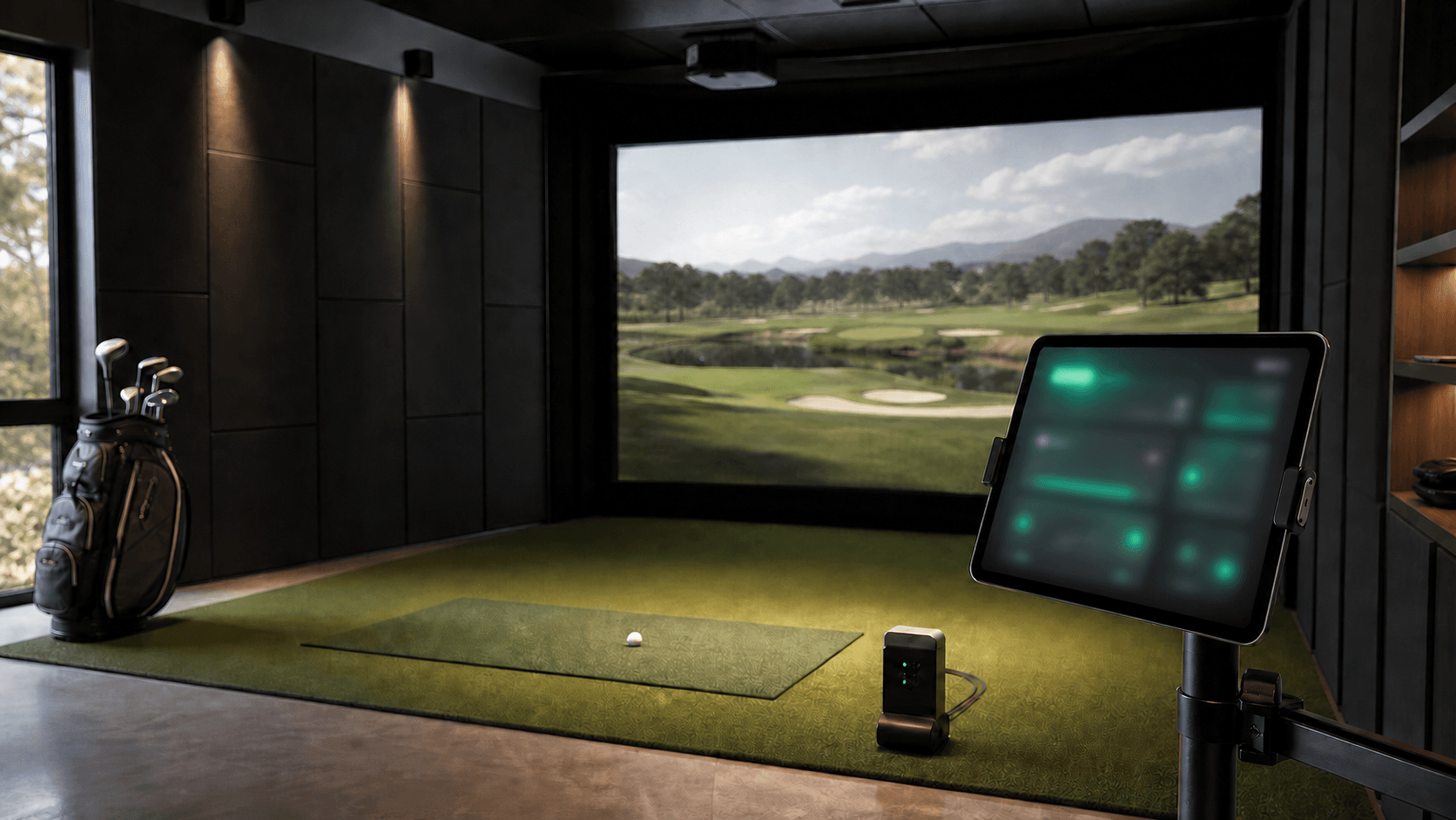 SimBuddy — an indoor golf simulator bay with a mounted companion tablet